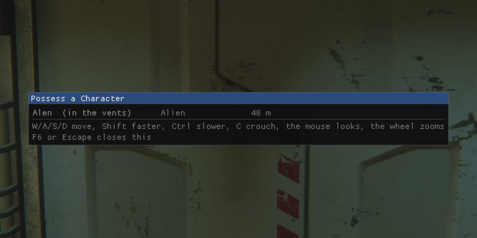 The Possess a Character menu over the game in a Survivor map, listing the alien greyed out (Alen, in the vents, Alien, 48 m) with the keys underneath: W/A/S/D move, Shift faster, Ctrl slower, C crouch, the mouse looks, the wheel zooms; F6 or Escape closes this.