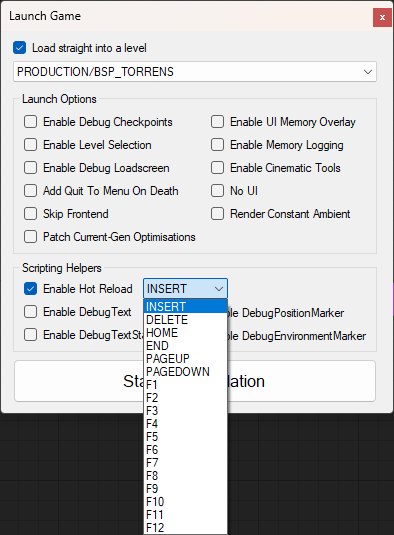 The Launch Game dialog with the Enable Hot Reload key dropdown open, listing INSERT, DELETE, HOME, END, PAGEUP, PAGEDOWN and F1 to F12.