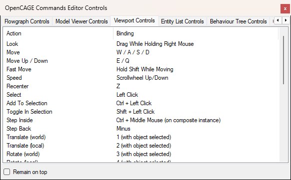 The Controls window open on the Viewport Controls tab, listing the viewport shortcuts from Look and Move down to the gizmo mode keys.