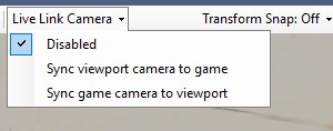 The Live Link Camera dropdown open on the Viewport toolbar, with Disabled ticked above Sync viewport camera to game and Sync game camera to viewport.