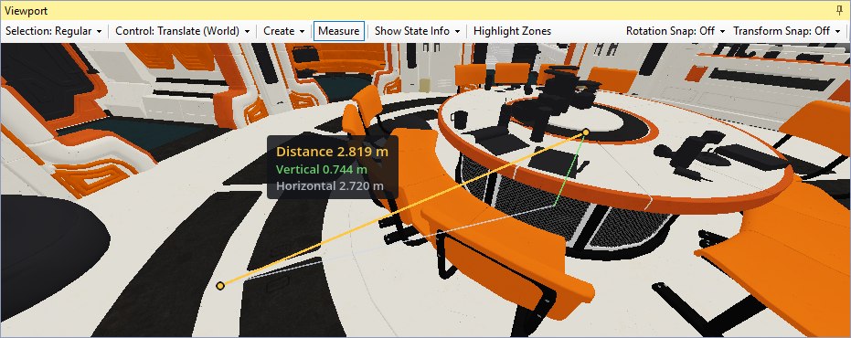 The Viewport with Measure pressed on its toolbar, looking down at a round table in the Torrens canteen. An amber line runs from a point on the floor to a point on the table top, a green vertical leg and a grey horizontal leg make a right-angled triangle with it, and a label reads Distance 2.819 m, Vertical 0.744 m and Horizontal 2.720 m.