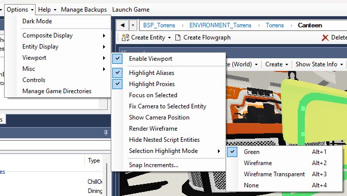 The Options menu with the Viewport submenu and its Selection Highlight Mode submenu open.