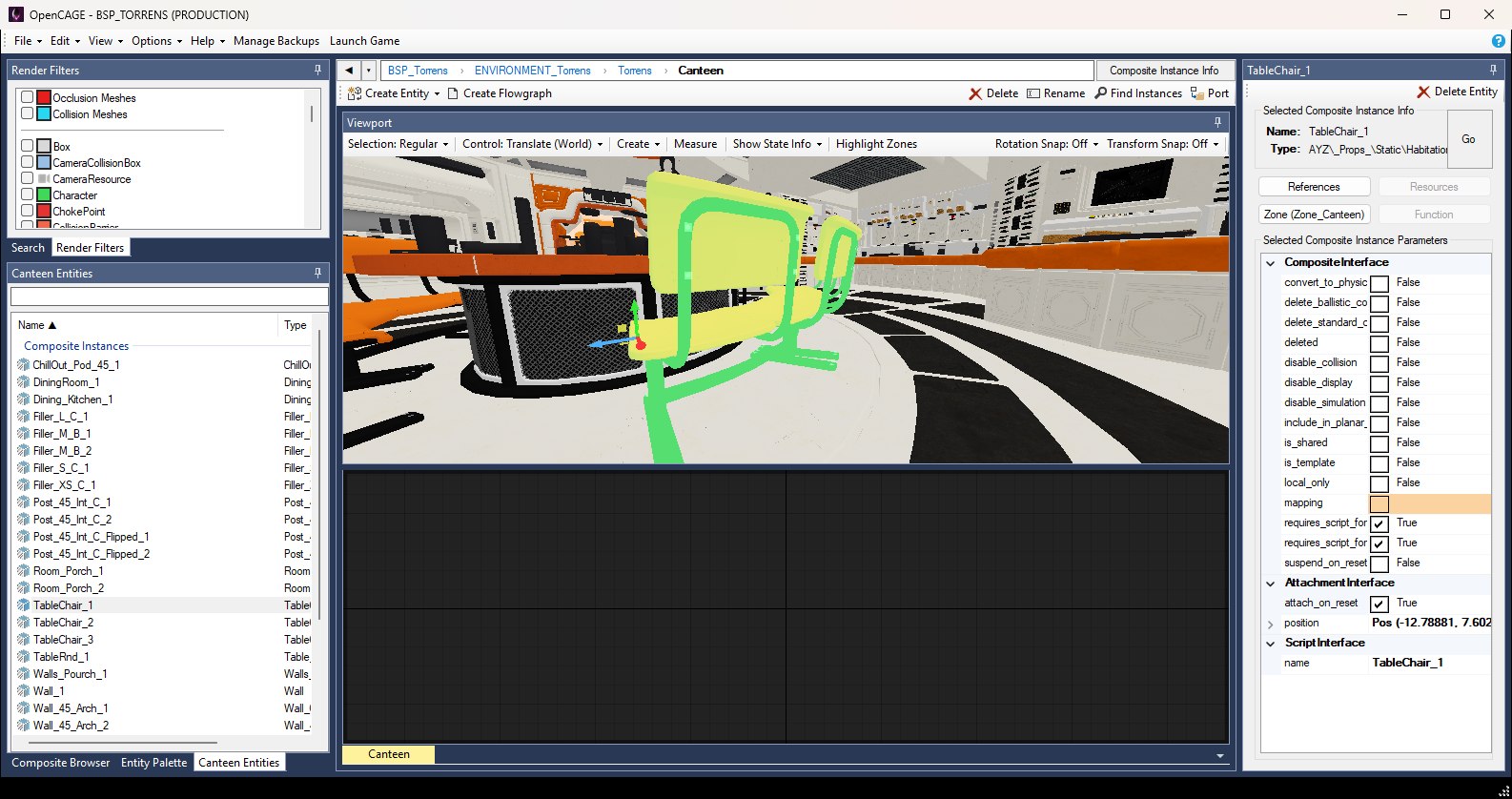 The OpenCAGE script editor with the Viewport docked above the flowgraph and a canteen table selected in green.