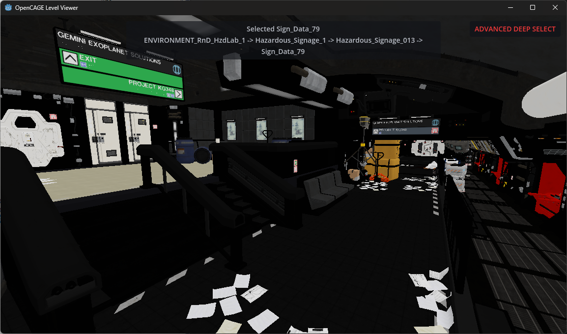 OpenCAGE Level Viewer showing Advanced Deep Select with a nested entity selected