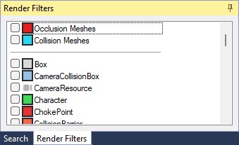 The Render Filters panel listing Occlusion Meshes and Collision Meshes above a divider, then the previewed function types with their colours, all unticked.