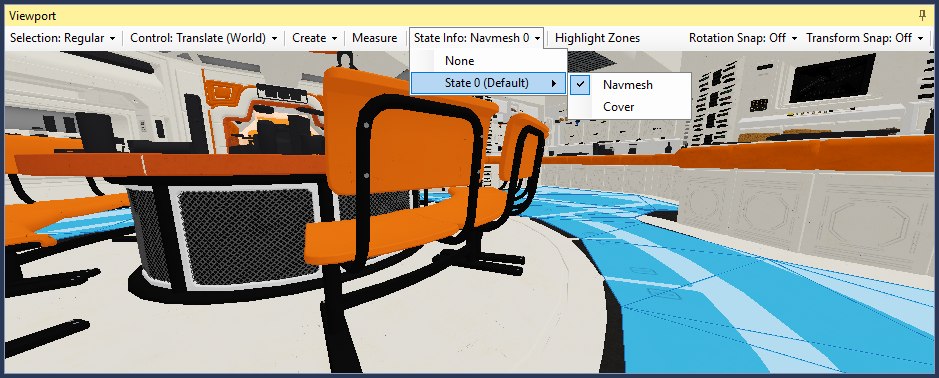 The Show State Info dropdown open with State 0's Navmesh ticked, and the navmesh drawn over the level floor in the Viewport.