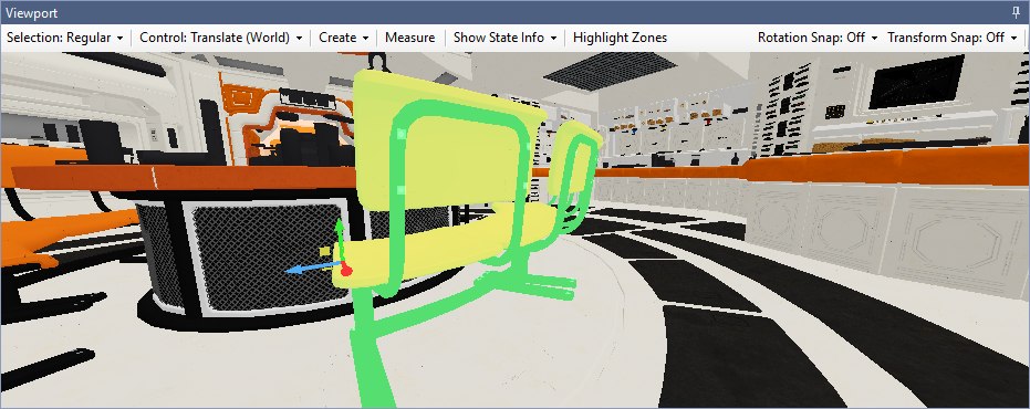 The Viewport panel with its toolbar across the top and a selected entity highlighted in green with the translate gizmo.