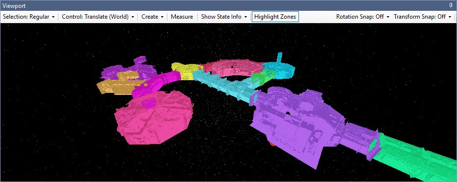 The Viewport with Highlight Zones on, looking down on the Torrens from outside: its rooms and corridors drawn flat in one colour per zone, pink, purple, orange, yellow, cyan and green, against the stars.