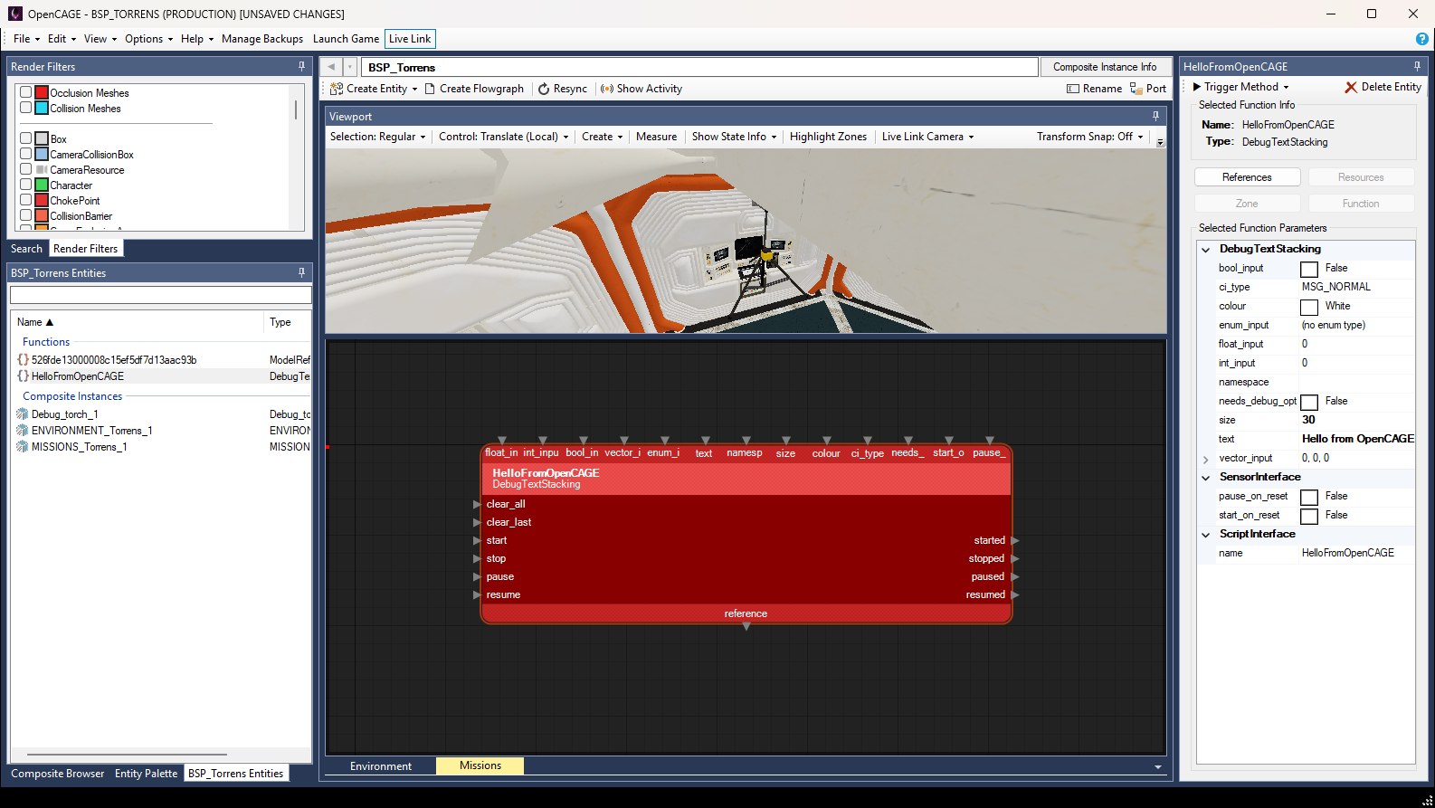The OpenCAGE window connected to the game: the Live Link button pressed on the main toolbar, Resync on the composite toolbar, Live Link Camera on the Viewport toolbar, and Trigger Method at the top of the Entity Inspector for a selected DebugTextStacking named HelloFromOpenCAGE.