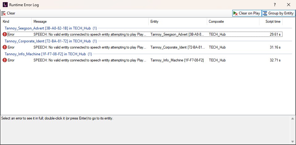 The Runtime Error Log with Group by Entity pressed: the same three errors, each under a heading naming its entity, id and composite, such as Tannoy_Seegson_Advert [3B-A8-82-1B] in TECH_Hub, with (1) after it for the one error it has.