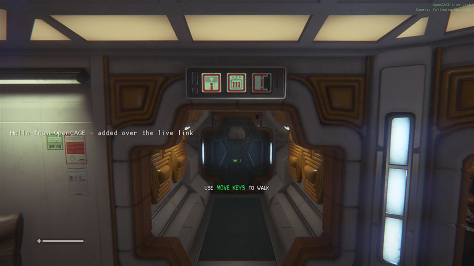 Alien: Isolation drawing a Torrens corridor from the Viewport's camera, with OpenCAGE Live Link and Camera: following OpenCAGE in the top-right corner.