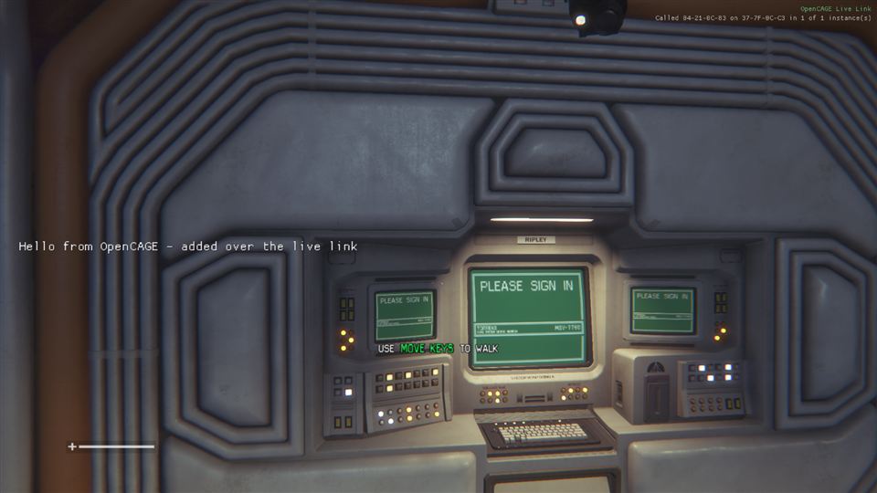 Alien: Isolation showing the text Hello from OpenCAGE - added over the live link on the left of the screen, and OpenCAGE Live Link in green in the top-right corner with a line about the last call under it.