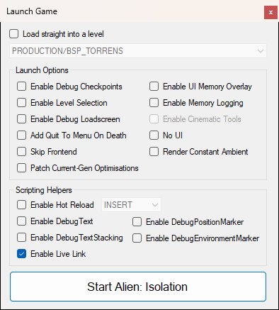 The Launch Game window with Enable Live Link ticked at the bottom of the Scripting Helpers group, above the Start Alien: Isolation button.