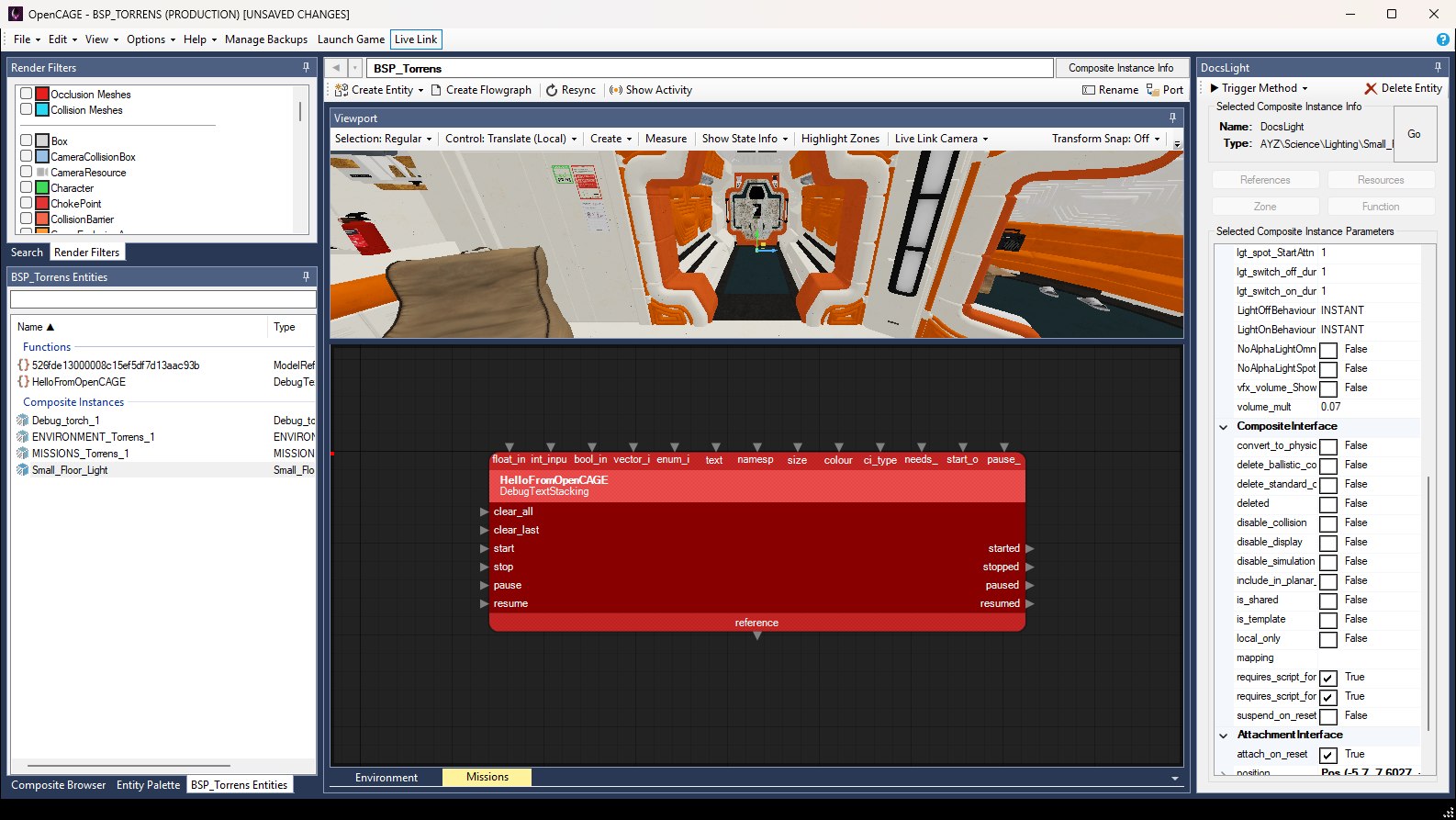 The OpenCAGE window with the Live Link button pressed and the floor light's instance selected, named DocsLight in the Entity Inspector, which lists some of its lgt_ parameters with the rest of the instance's parameters.