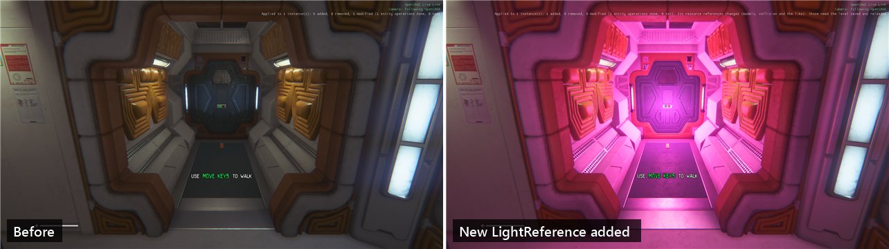 The Torrens corridor before, and after a new LightReference is added, flooding it magenta, with the resource note at the end of the overlay's line in the top-right corner.