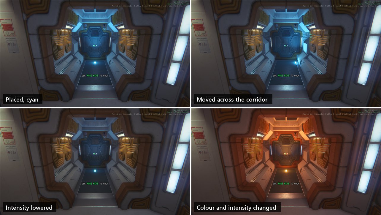 Four frames of the game drawing a Torrens corridor with a small floor light in it: placed and coloured cyan, moved across the corridor, moved back to the middle with its intensity lowered, then with a new colour and intensity that turn the corridor orange.