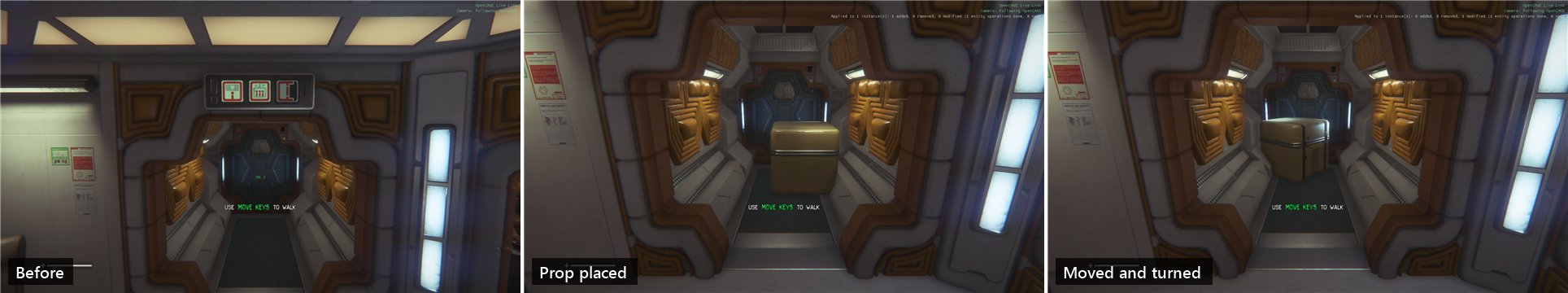 Three frames of the game: a Torrens corridor before, seen from further back through a doorway, then closer up with a supply crate placed in it, and with the crate moved and turned.