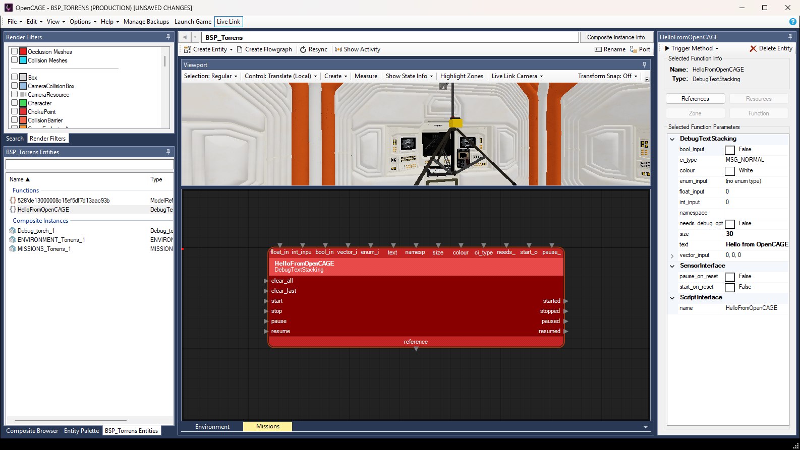 The OpenCAGE window with the Viewport showing the game's view of the Torrens cryo room, and Live Link Camera on the Viewport toolbar.
