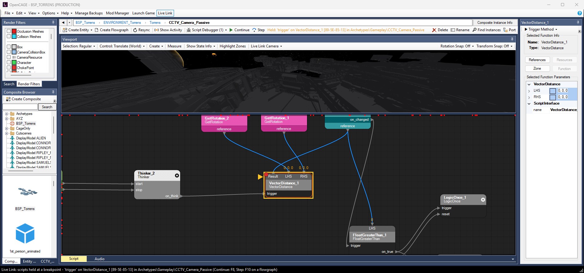 The OpenCAGE window with the game's scripts held at a breakpoint in CCTV_Camera_Passive, reached through BSP_Torrens, ENVIRONMENT_Torrens and Torrens in the path at the top. The VectorDistance node has a red dot on its top-left corner and a yellow outline, with a yellow arrow pointing at its title. The composite toolbar shows Show Activity, then the Script Debugger (1) menu and the Continue and Step buttons, each with its icon, and an orange label reading Held: 'trigger' on VectorDistance_1 [89-5E-85-13] in Archetypes\Gameplay\CCTV_Camera_Passive. The status bar says Live Link: scripts held at a breakpoint - 'trigger' on VectorDistance_1 [89-5E-85-13] in Archetypes\Gameplay\CCTV_Camera_Passive (Continue: F8, Step: F10 on a flowgraph).
