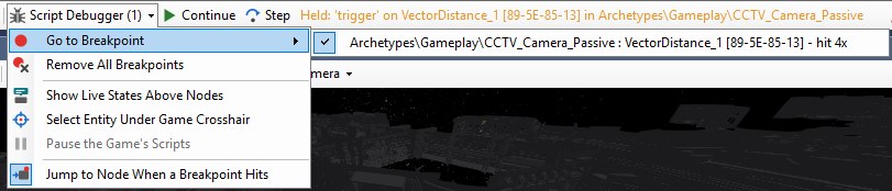 The Script Debugger (1) menu open on the composite toolbar, an icon beside each item: Go to Breakpoint, opened to show one ticked entry naming CCTV_Camera_Passive and its VectorDistance, ending hit 4x; then Remove All Breakpoints, a divider, Show Live States Above Nodes, Select Entity Under Game Crosshair, Pause the Game's Scripts (greyed out while the scripts are held), another divider, and Jump to Node When a Breakpoint Hits, on, with a blue frame round its icon. Beside the menu, the Continue and Step buttons and the orange Held label.