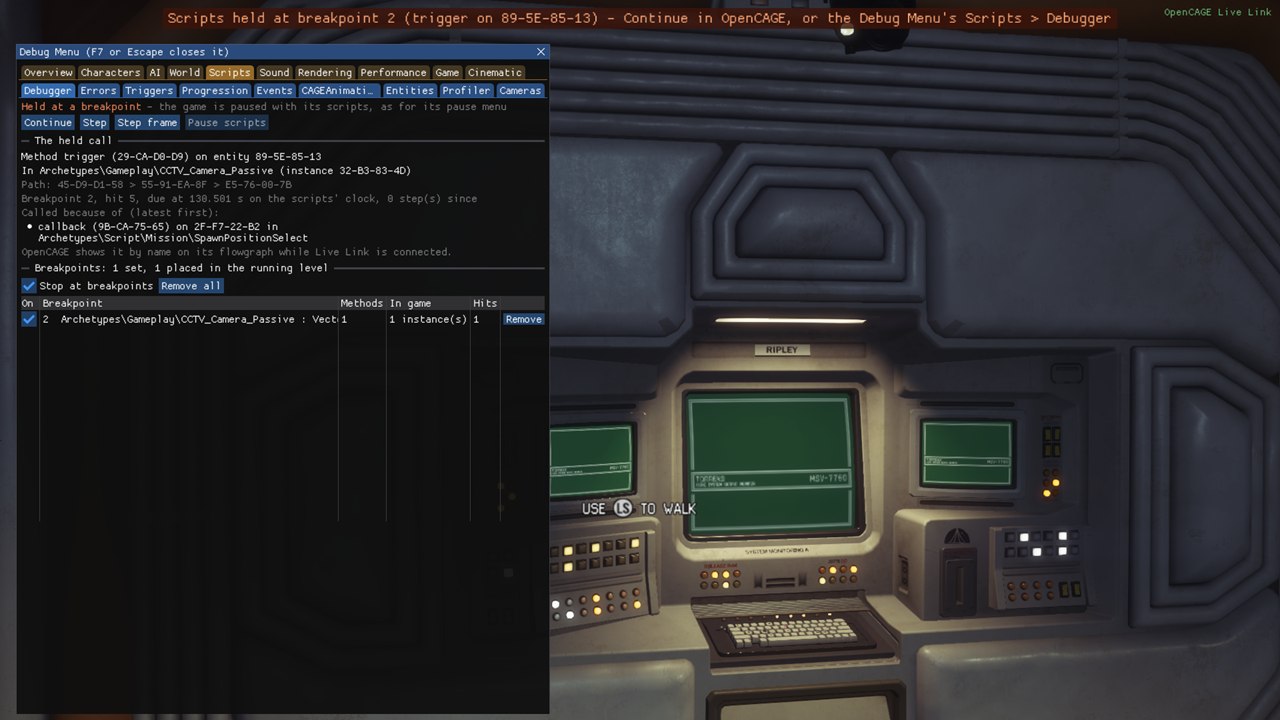 Alien: Isolation on the Torrens, stopped at a breakpoint: along the top of the screen, Scripts held at breakpoint 2 (trigger on 89-5E-85-13, the VectorDistance's id) - Continue in OpenCAGE, or the Debug Menu's Scripts > Debugger. The Debug Menu is open on its Scripts group's Debugger tab: Held at a breakpoint, the Continue, Step, Step frame and Pause scripts buttons, the held call with its method, entity, composite and the calls that led to it, and the Breakpoints table with Stop at breakpoints ticked and one breakpoint in 1 instance.