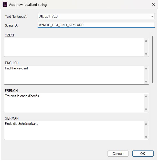 The Add new localised string dialog with OBJECTIVES chosen as the text file, a mod-style string ID typed in, and the English, French and German boxes filled while Czech is still empty.
