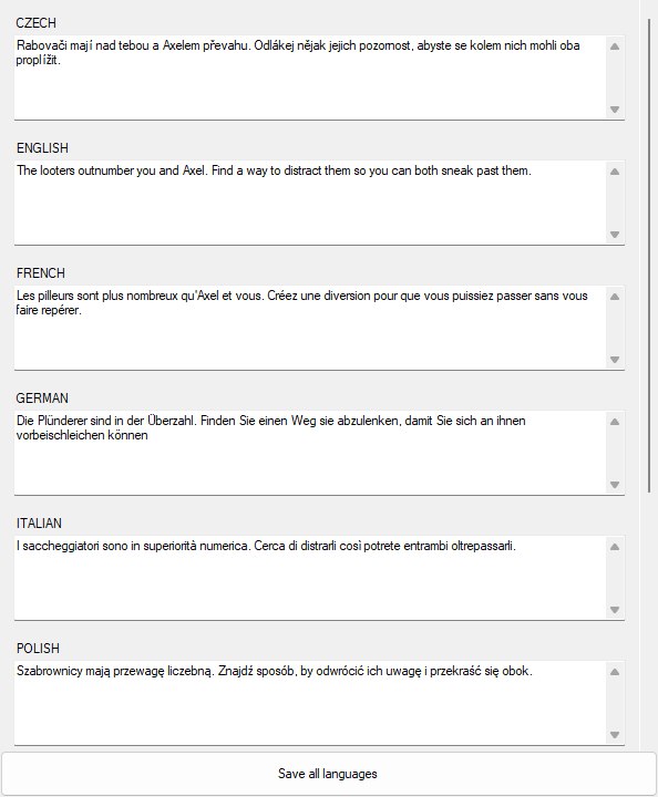 The language panel showing the selected string's text in each labelled language box, with the Save all languages button along the bottom.