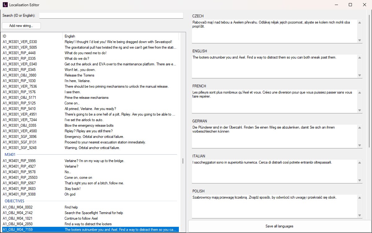 The Localisation Editor with an objective string selected: the search box, Add new string button and grouped string list on the left, and one labelled text box per language on the right above the Save all languages button.
