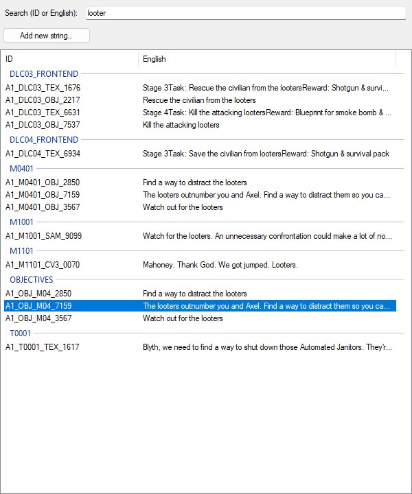 The string list filtered by the search box to every string containing the word looter, spread across seven text-file groups, with the previously selected row still highlighted.