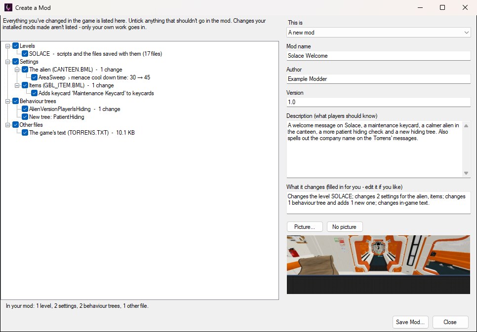 The Create a Mod window. On the left, everything that's been changed in the game, ticked to go in the mod: the level SOLACE as one item, two settings each showing its old and new value, a changed and a new behaviour tree, and a text file. On the right, the mod's name, author, version, description, what it changes and its picture, and a Save Mod button at the bottom.