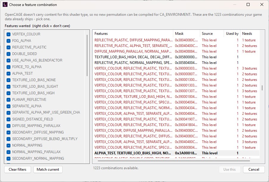 The Choose a feature combination dialog: a column of three-state feature filters on the left, and on the right every shipped combination with its features, mask, source, how many materials use it and how many extra textures it would need, with the material's current combination in bold.