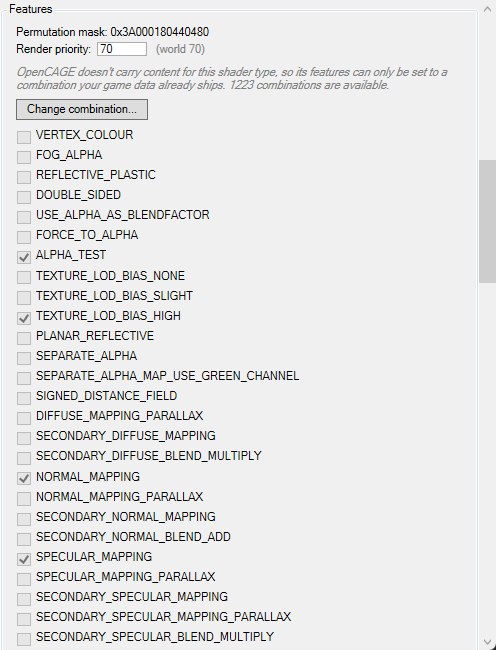 The Features box for a CA_ENVIRONMENT material: the permutation mask, a render priority of 70, a note that only combinations the game data ships are available, the Change combination button and a long list of greyed-out feature checkboxes with a few ticked.