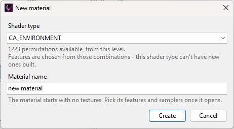The New material dialog: a Shader type dropdown set to CA_ENVIRONMENT, a note that 1223 permutations are available from this level and that features are chosen from those combinations, a Material name box reading new material, and Create and Cancel buttons.