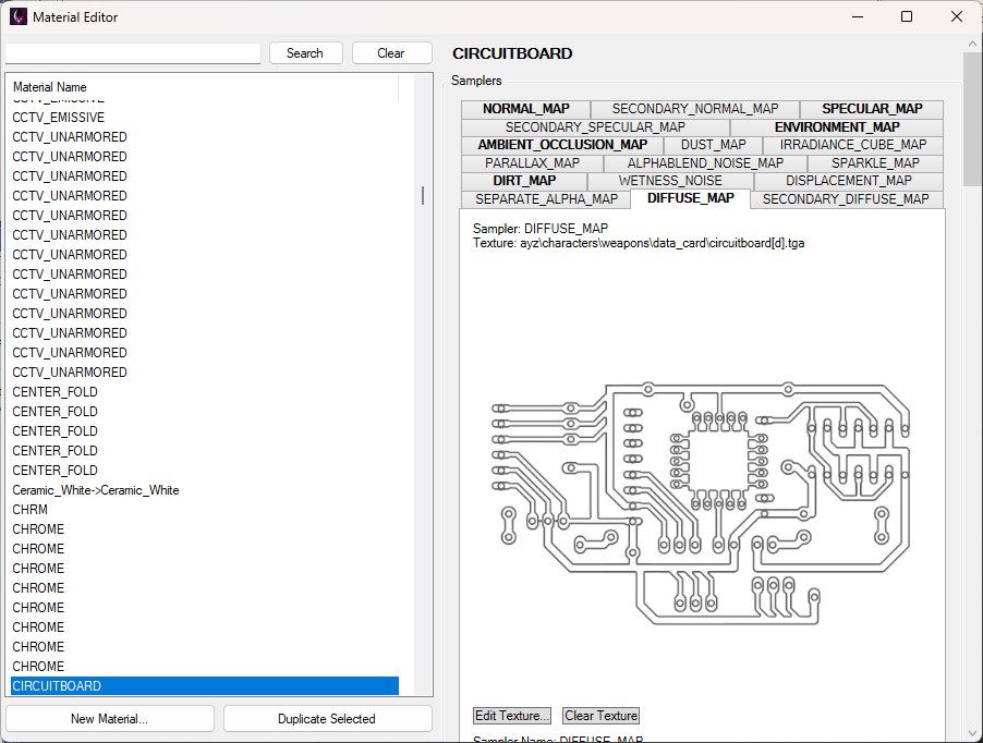 The Material Editor with the CIRCUITBOARD material selected: the material list with Search and Clear above it and New Material and Duplicate Selected below on the left, and on the right the Samplers tabs with the DIFFUSE_MAP tab open and its circuit-board texture previewed.