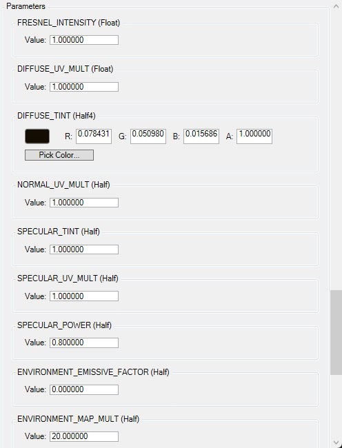 The Parameters box for a CA_ENVIRONMENT material: each shader parameter in its own group labelled with its type, scalar parameters with a single Value field, and the diffuse tint showing a dark colour swatch, R, G, B and A fields and a Pick Color button.