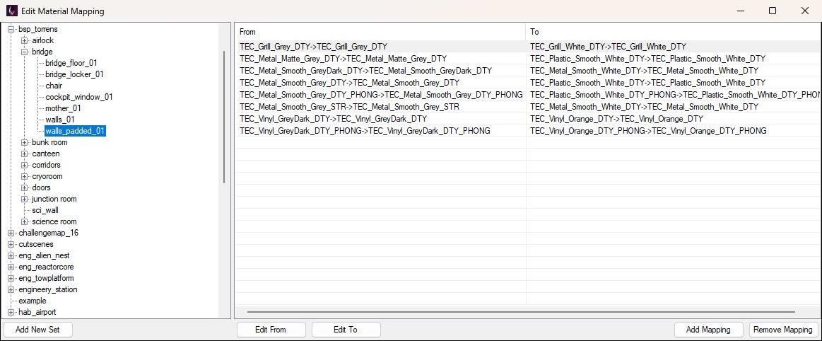 The Edit Material Mapping window with the bsp_torrens/bridge/walls_padded_01 set selected in the folder tree on the left and its eight From/To material remaps listed on the right.