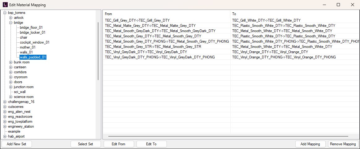 The Material Mapping Editor in picker mode with the entity's current set pre-selected and a Select Set button shown beneath the tree.