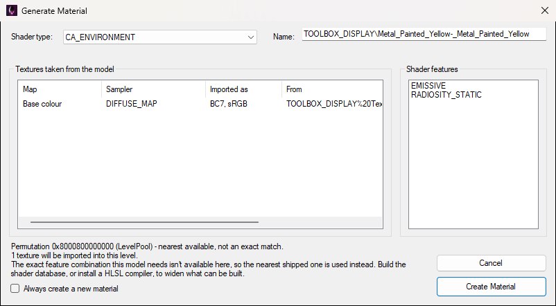 The Generate Material dialog for the toolbox's first submesh: the shader type CA_ENVIRONMENT, the suggested name TOOLBOX_DISPLAY\Metal_Painted_Yellow-_Metal_Painted_Yellow, one base colour texture row mapped to DIFFUSE_MAP and imported as BC7 sRGB, the shader features EMISSIVE and RADIOSITY_STATIC, a summary saying one texture will be imported and the nearest shipped permutation will be used, and the Always create a new material tickbox at the bottom left with Cancel and Create Material at the bottom right.