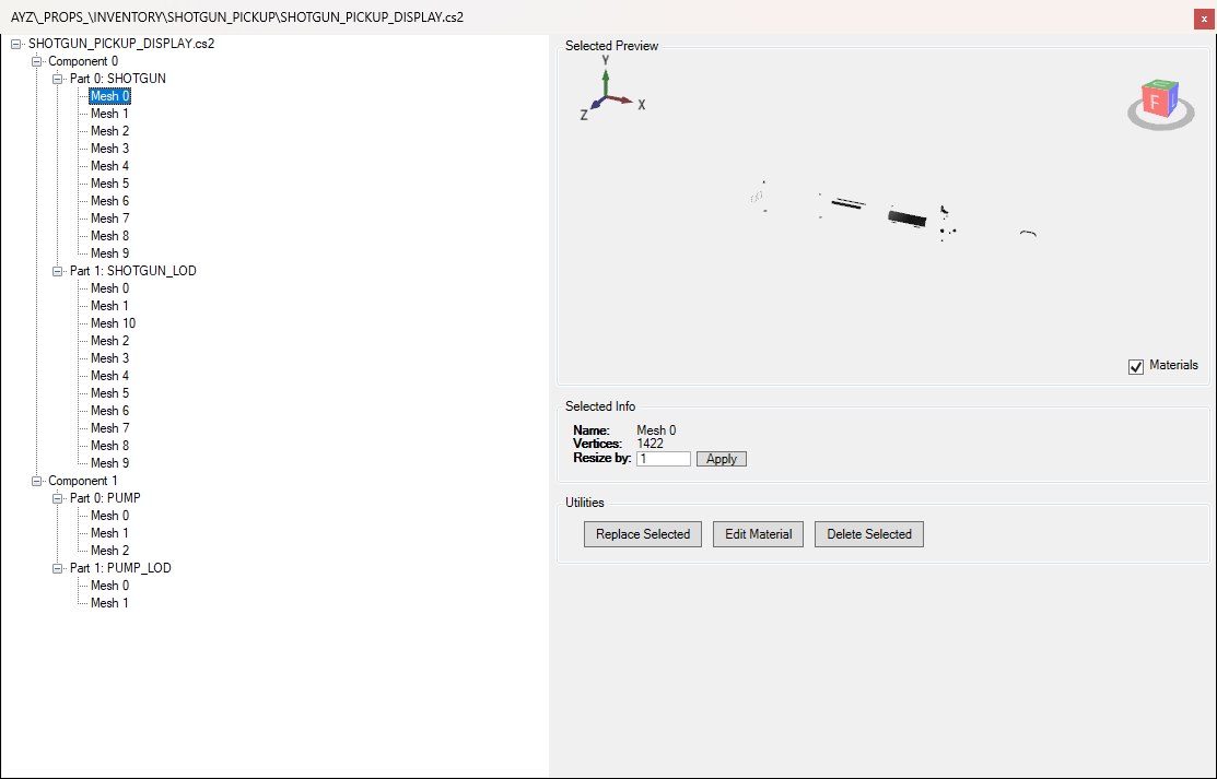 The geometry editor for SHOTGUN_PICKUP_DISPLAY.cs2: the fully expanded Component, Part and Mesh tree on the left with Mesh 0 selected, and on the right the Selected Preview with its Materials checkbox, the Selected Info panel showing the name, vertex count and Resize by box, and the Utilities buttons Replace Selected, Edit Material and Delete Selected.