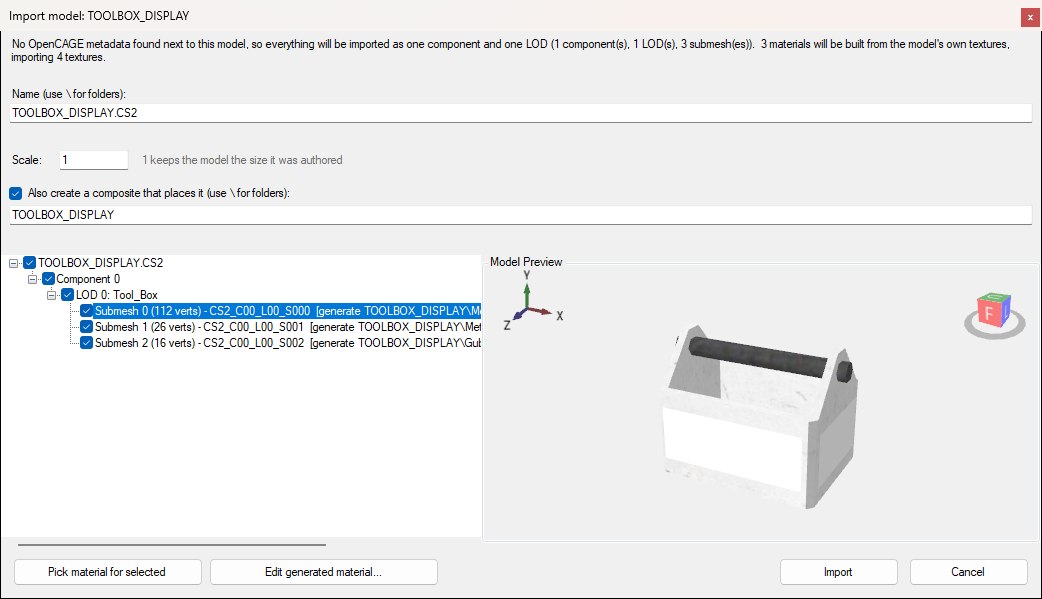 The model import preview for TOOLBOX_DISPLAY: the status line, name, scale and composite rows across the top, the mesh tree with a [generate ...] material tag per submesh on the left, the Model Preview on the right showing the toolbox drawn with its own base colour texture, and the Pick material for selected, Edit generated material, Import and Cancel buttons along the bottom.