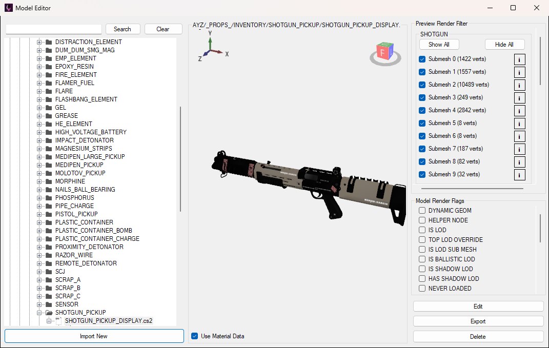 The Model Editor window: the model tree on the left scrolled to SHOTGUN_PICKUP_DISPLAY.cs2, a textured 3D preview of the shotgun pickup in the centre with Use Material Data ticked, and on the right the Preview Render Filter's submesh checkboxes with their i buttons, the Model Render Flags checkboxes and the Edit, Export and Delete buttons.