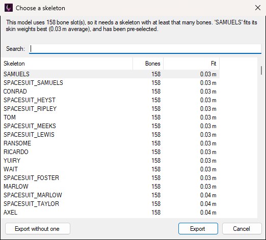 The Choose a skeleton window shown when exporting a skinned model: a line saying the model uses 158 bone slots and that SAMUELS fits its skin weights best, a Search box, the list of skeletons with their bone counts and fit scores best fit first with SAMUELS pre-selected, and the Export without one, Export and Cancel buttons.