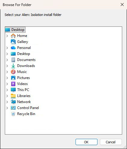The Browse For Folder dialog that registration shows when OpenCAGE is launched with -dont_require_exe, asking for the Alien: Isolation install folder.