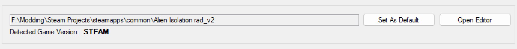 One registered install's row in the Game Directory Manager: its path, the detected game version, and the Set As Default and Open Editor buttons.