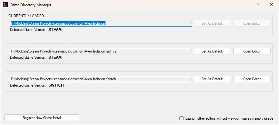 The Game Directory Manager window listing three registered Alien: Isolation installs, with the currently loaded one at the top.
