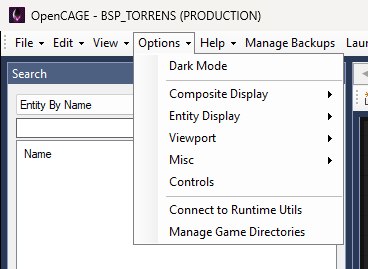 The Options menu open in the main OpenCAGE window, with Manage Game Directories as its last item.