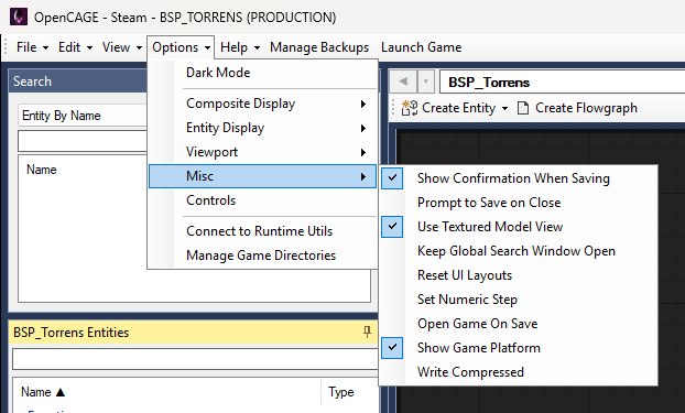 The Options → Misc submenu with Show Game Platform ticked, and the OpenCAGE title bar reading OpenCAGE - Steam followed by the level name.