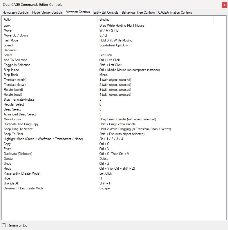 The Controls window on its Viewport Controls tab, enlarged to show every camera, selection, gizmo, snapping, clipboard and hide binding.