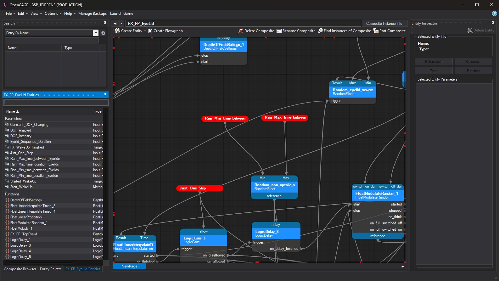 The OpenCAGE script editor with Dark Mode on: dark search panel, entity list, flowgraph canvas and inspector.
