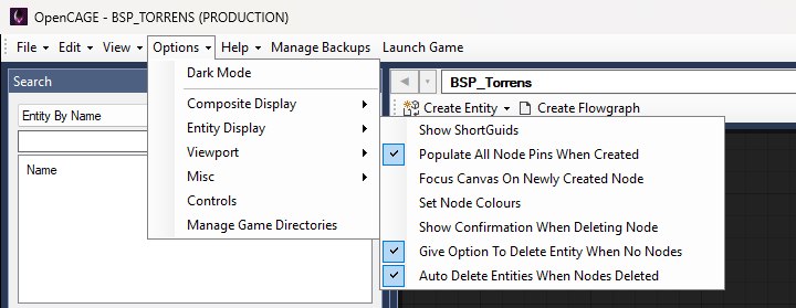 The Options menu with the Entity Display submenu open, listing Show ShortGuids, the node pin and canvas focus options and Show Confirmation When Deleting Node.